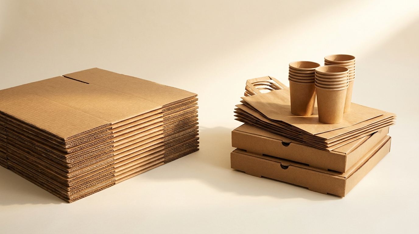A stack of flattened cardboard alongside finished kraft paper packaging — bags, pizza boxes and cups — on a cream background.