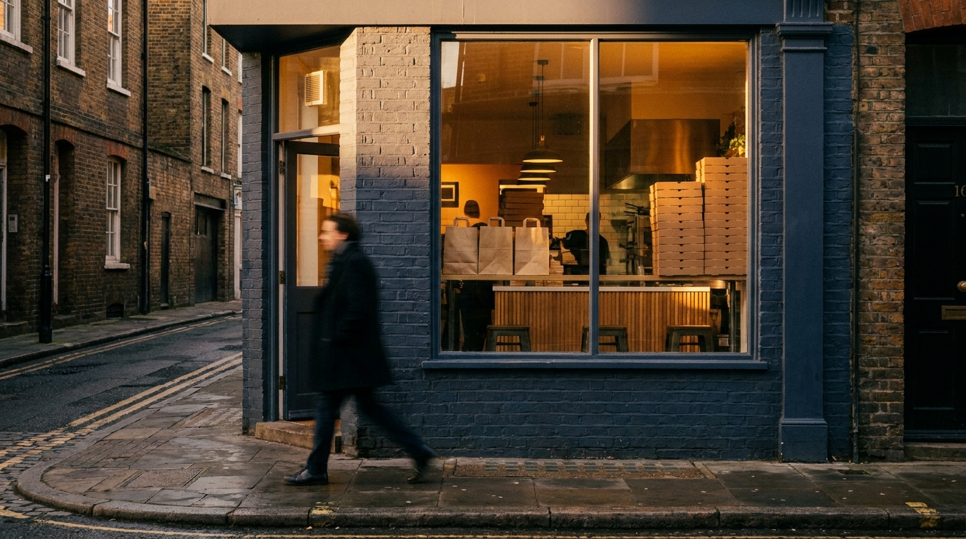 An independent London pizza shop at golden hour, with kraft bags and stacked cardboard pizza boxes visible through the window.