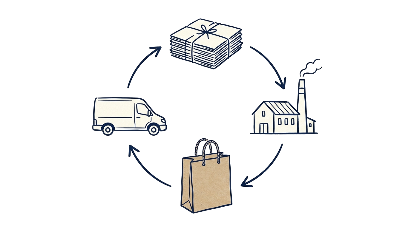 A hand-drawn diagram of the BoxBack cycle: cardboard collected from stores, processed at the mill, made into kraft bags, delivered by van, and returned again.